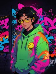 Obraz na płótnie Canvas a boy using hoodie in sci-fi neon style graffiti behind