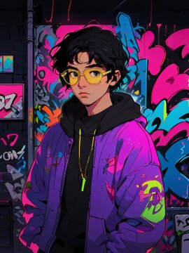 a boy using hoodie in sci-fi neon style graffiti behind