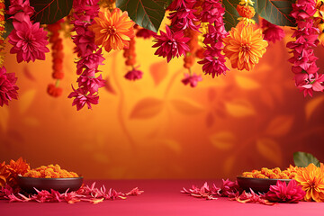 Traditional Indian floral garland toran made of marigold flowers and mango leaves on orange background. Happy Diwali festival, Pongal or Gudi Padwa. Decoration for Indian hindu holidays, wedding