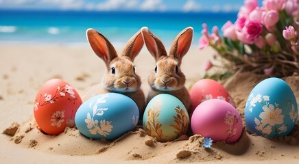 Easter eggs and rabbits painted on summer sand beaches