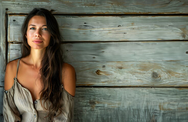 Fototapeta premium Portrait of a Young Woman with Natural Beauty and Long Hair on Wood Background