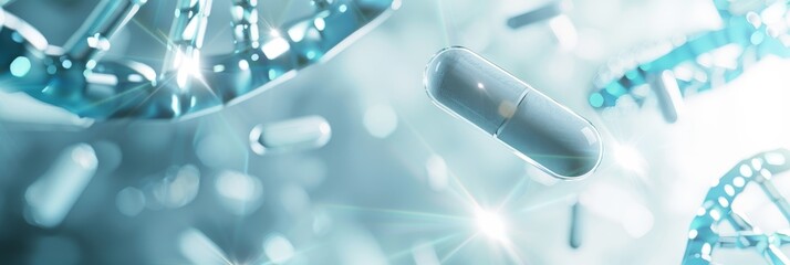 blue illustration of pills and DNA floating in the air. Can be used as a presentation background or web banner background