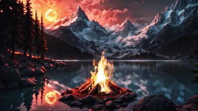 cozy campfire  by mountain lake