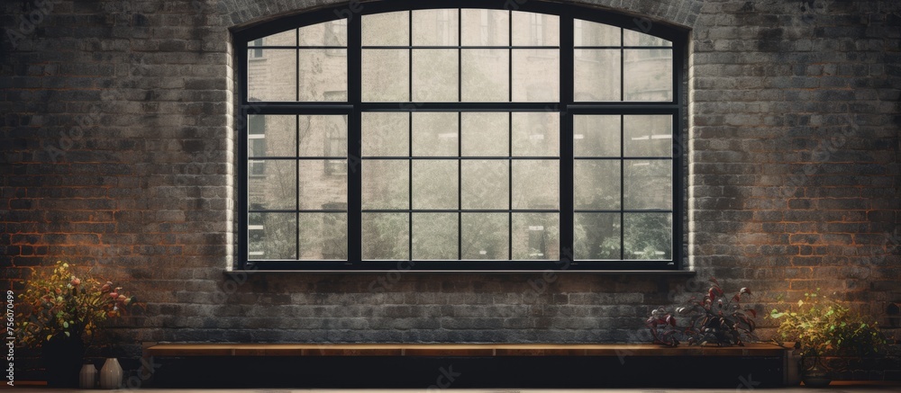 Poster the building has a large rectangular wooden window as a central fixture, surrounded by brickwork. th