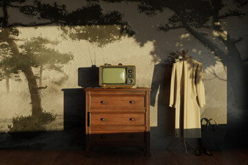 Vintage living room with an old television and nature landscape mural. 3D Rendering
