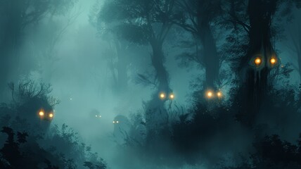 A mysterious foggy forest with glowing eyes peeking through,