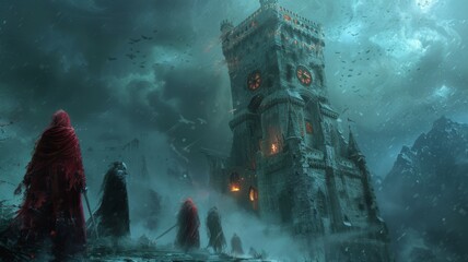 A necromancer's tower with dark magic symbols and undead guards,