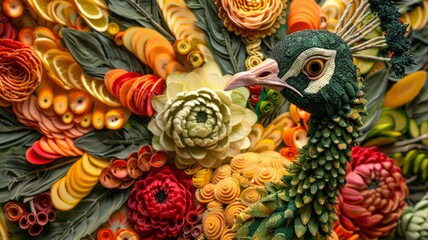 Fototapeta premium A peacock with feathers made of vibrant vegetable slices,