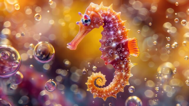 A seahorse swimming in an ocean of bubbly soda,