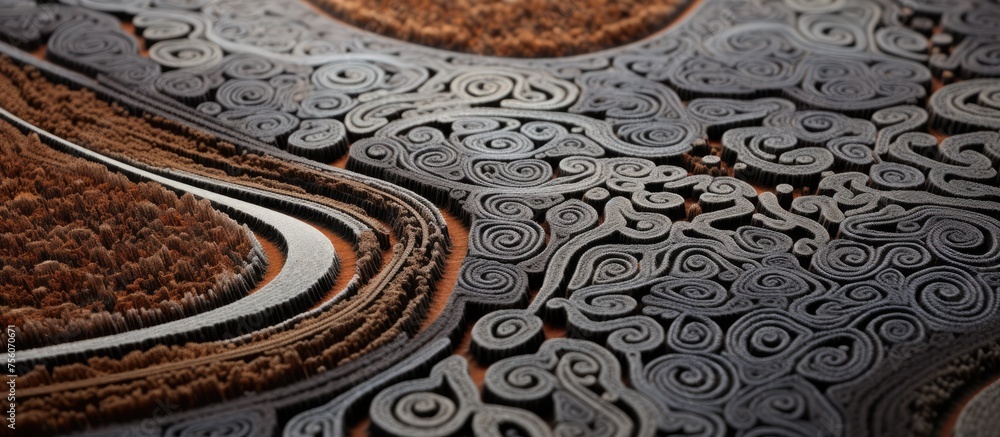 Poster a detailed close up of a carpet with an intricate pattern resembling a geological phenomenon, simila