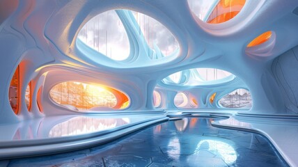 Futuristic art studio with 3D sculptures and dynamic lighting,