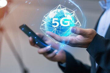 illustration of a man holding a 5G network hologram and a smartphone