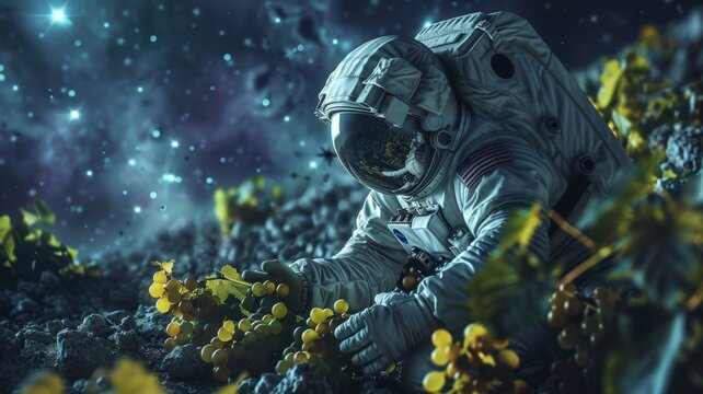Lunar vineyard with astronauts harvesting space grapes