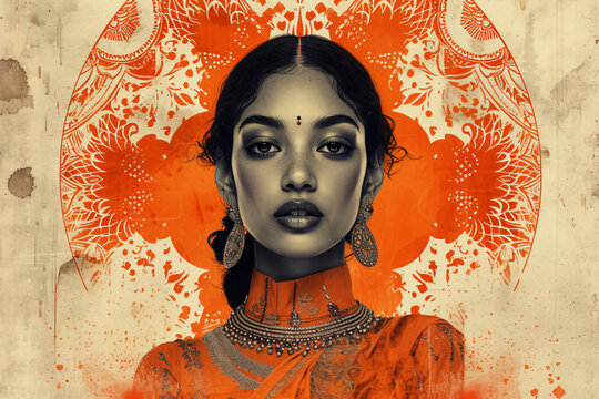 Young hindu woman with kundan jewelry. Beautiful indian or muslim girl, bride on her wedding day. Modern fashion concept. Bollywood dancer. Illustration for interior poster, banner, card, design 