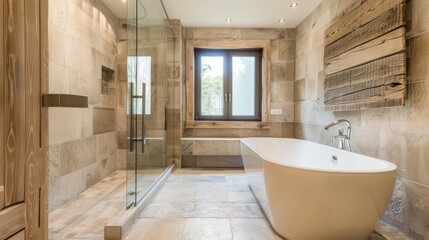 bathtub in natural beige color bathroom
