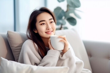 Joyful young asian woman enjoying a cup of coffee while sitting on the the sofa at home pretty Asian woman drinking hot tea in at home