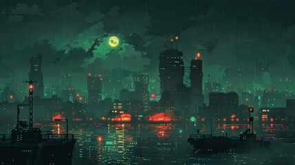 Digital pixel art scene of a futuristic cityscape at night