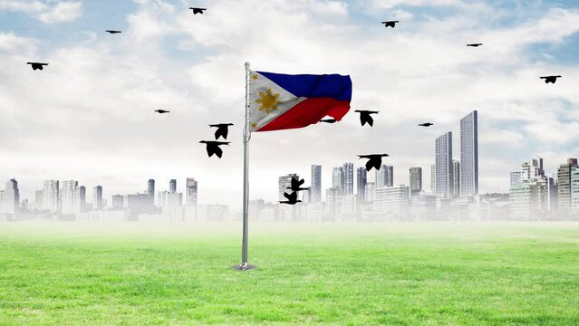 Philippines  flag flying with birds flying