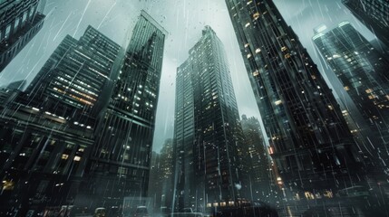 tall buildings, in a rainy city, generative ai