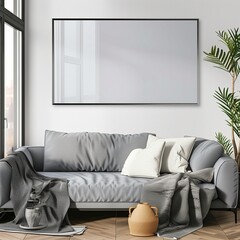 Photo frame mockup. Modern living room with gray sofa, wall poster mockup. Interior mockup with house background. 3D render