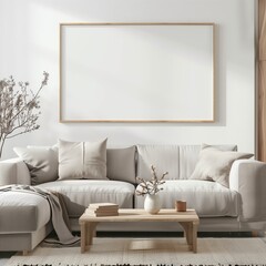 Photo frame mockup. Modern living room wall poster mockup and a wooden table. Interior mockup with house background. 3D render