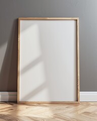 Photo frame mockup with wooden frame on the floor with light from the window. Room wall poster mockup. Interior mockup with house background. 3D render