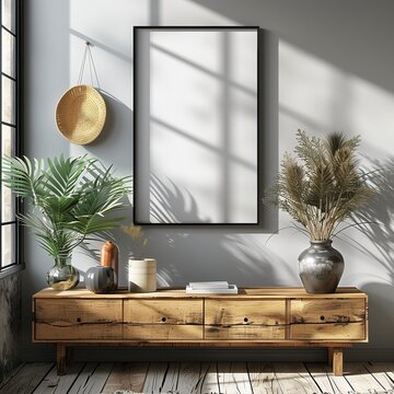 Photo frame mockup. Living room with window light and wooden furniture, wall poster mockup. Interior mockup with house background. 3D render