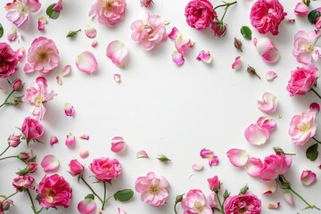 Fototapeta na wymiar Delicate arrangement of pink rose blossoms and petals Artistically placed on a white surface Creating a romantic floral frame or backdrop