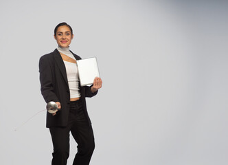 business woman with tablet and rapier on white background