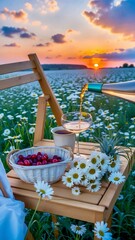 A glass of wine with fruits and daisies on the background of a summer sunset