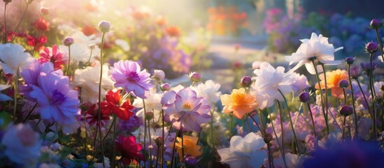 A natural landscape filled with colorful flowering plants, including vibrant violets and magentas, illuminated by the shining sun creating a picturesque event