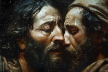 The kiss of judas: dramatic portrayal captures biblical betrayal, tension, and conflict as judas iscariot betrays jesus with a kiss, symbolizing spiritual depth and iconic christian symbolism