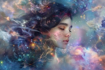 Fantasy portrait merging a woman's image with digital art Creating an ethereal look that combines human beauty with the mesmerizing universe of colors and patterns
