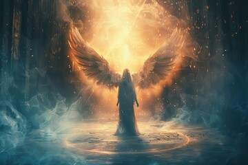 Fantasy scene featuring an ethereal angel with majestic wings Surrounded by a mystical aura