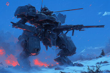 Futuristic War Machine Striding Across a Battle-Scarred Landscape at Dusk