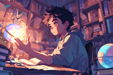 Young boy explores cosmic mysteries with glowing orb surrounded by books