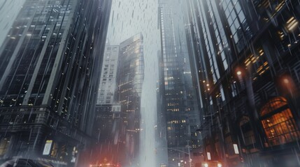 tall buildings, in a rainy city, generative ai
