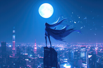 Ethereal Figure of a girl Overlooking a Luminous Cityscape Beneath a Radiant Full Moon