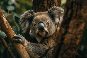 Fototapeta premium Curious Koala Peering from Eucalyptus Tree in a Lush Forest