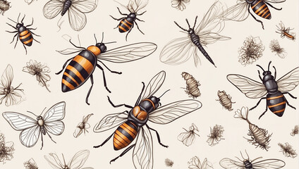 Seamless pattern illustration of different winged insects on a beige background. Animal life concept.