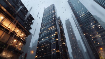 Fototapeta na wymiar tall buildings, in a rainy city, generative ai