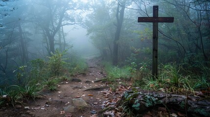 Crossing path with crosses, foggy background