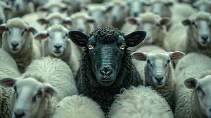 Obraz premium A black sheep among a flock of white sheep, raising head as a leader - Concept of standing out from the crowd, of being different and unique with its own identity and special skills among the others