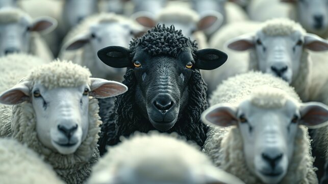 A black sheep among a flock of white sheep, raising head as a leader - Concept of standing out from the crowd, of being different and unique with its own identity and special skills among the others