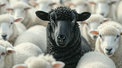 A black sheep among a flock of white sheep, raising head as a leader - Concept of standing out from the crowd, of being different and unique with its own identity and special skills among the others