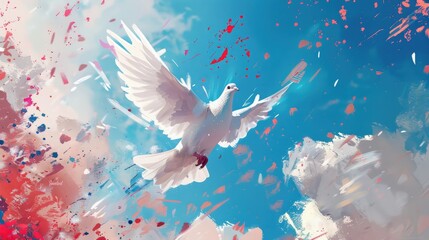 White pigeon concept flying with red and blue paint splashes in the sky, nature background.