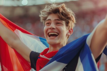 Young man with French flag at stadium, joyful expression