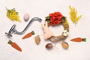 Composition with greeting card, plumber's items and beautiful Easter decor on light background