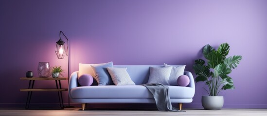 Luxurious contemporary living room with ultraviolet home decor and stylish furniture on a light purple wall and wood floor