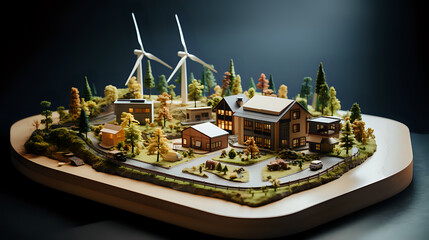 A meticulously crafted miniature town model showcases modern eco-living with renewable wind energy, detailed residential homes, lush greenery, and efficient transportation, symbolizing sustainability 